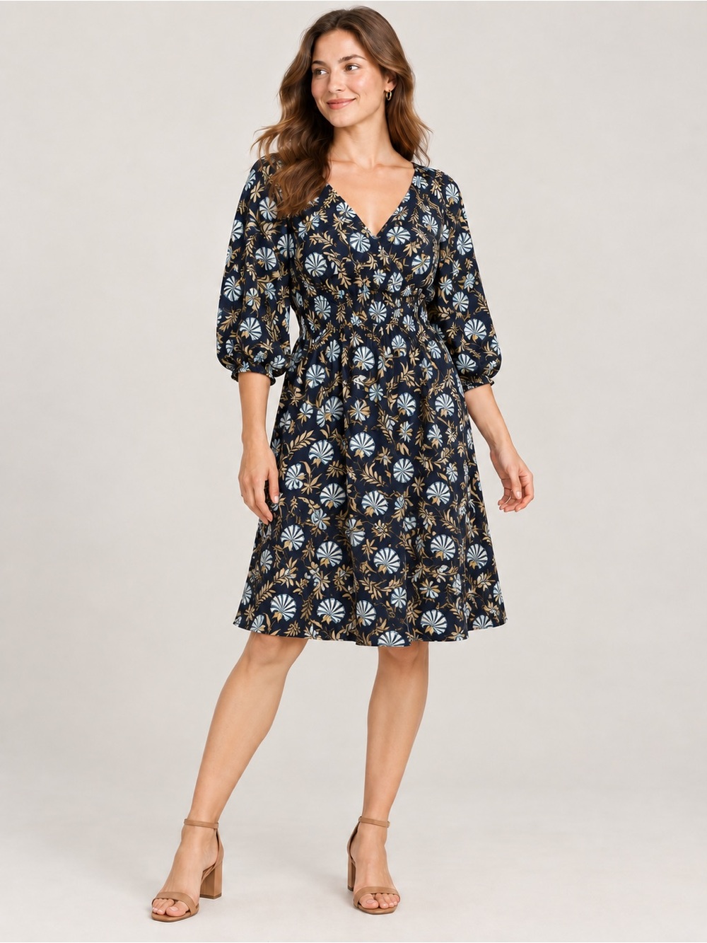 LOFT Women’s Medium Navy Floral Surplice V-Neck Knee-Length Dress 3/4 Sleeve